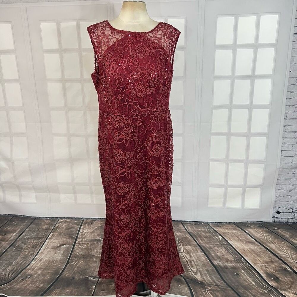 Slny sleeveless maroon red embroidered sequined lace gown size 16 - Picture 2 of 11